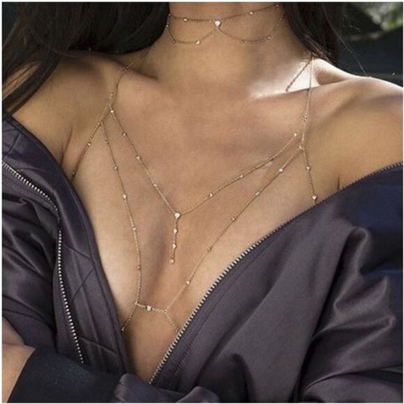 2/50🍒NWT Sexy Cross Body Necklace Body Jewelry Bra Harness Club Beach Festival - Picture 7 of 15